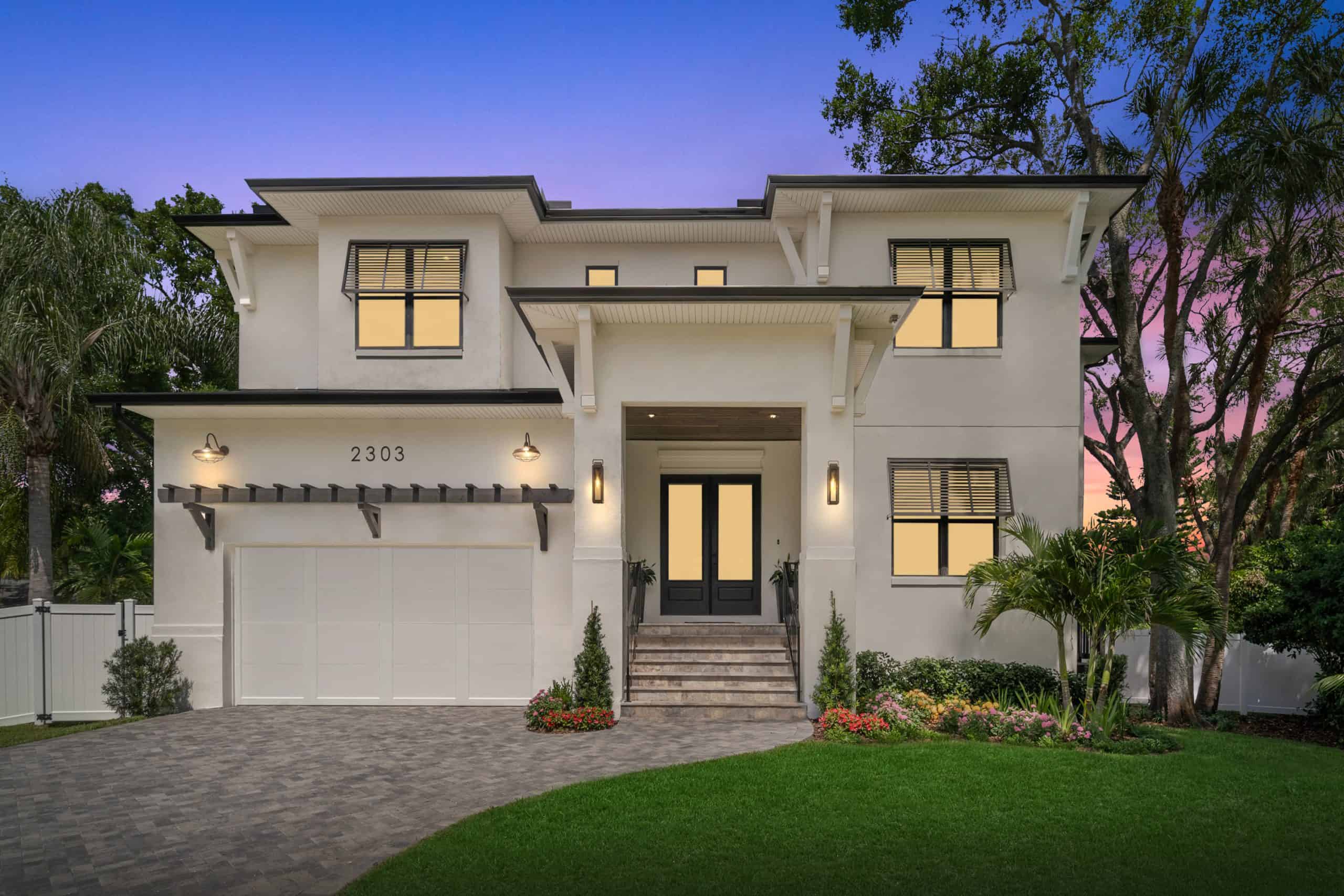 Sunset Park Modern Traditional Home - Frontn Exterior Dusk