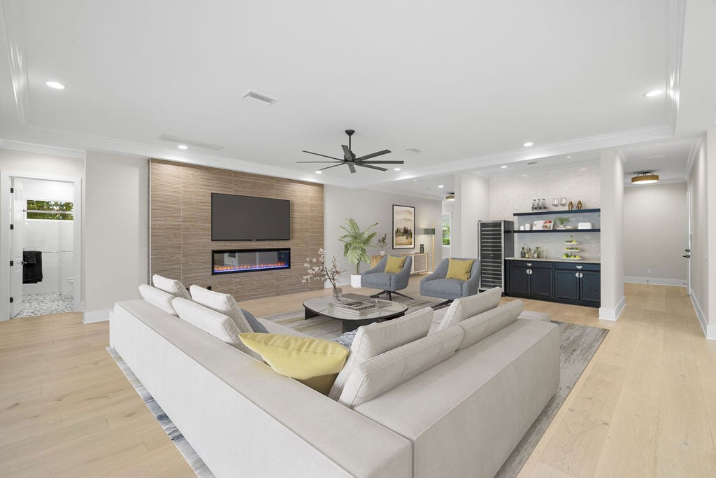 Virtually Staged Open Concept Living Room Electronic Fireplace